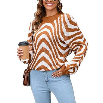 Women Crewneck Sweater Long Sleeve Wave Pattern Casual Loose Knit Pullover