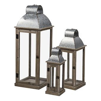 KWPZQEB 3 pc Natural Wood Lanterns with Domed Metal Top Cover & Transparent Glass Panel Design