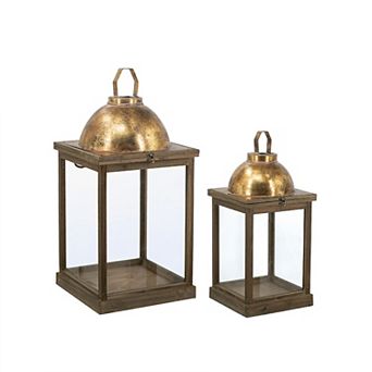 KWPZQEB 2 pc French Country Brown Wooden Lanterns with Clear Glass Panels & Gold Metal Dome Accents