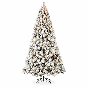 9FT Flocked Pre-Lit Christmas Tree with 650 Warm White Lights and Auto-Unfold Memory Wire