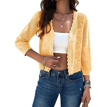 Women Crochet Shrug Cardigan 3/4 Sleeve Lightweight Crop