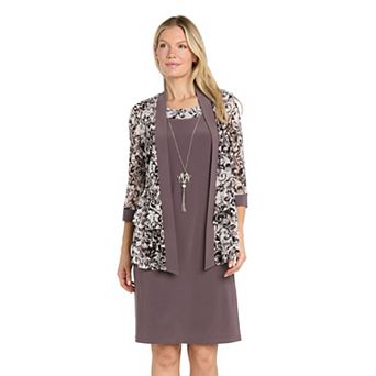 Women's R&M Richards 2 pc Puff Print Mesh Jacket & Sheath Dress Set With Necklace