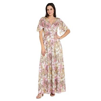 Women's R&M Richards Metallic Flutter Sleeve Ruched Maxi Dress