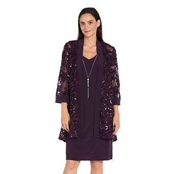 Women's R&M Richards 2 pc Embroidered Sequin Soutache Jacket & Dress Set With Necklace