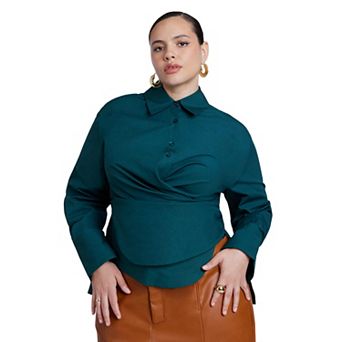 ELOQUII Women's Plus Size Poplin Collared Wrap Top