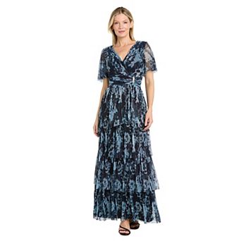 Women's R&M Richards Floral Metallic Ruched Rhinestone V-Neck Short Sleeve Tiered Maxi Dress