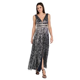 Women's R&M Richards Beaded Waist V-Neck Jacquard Sleeveless Formal Maxi Dress