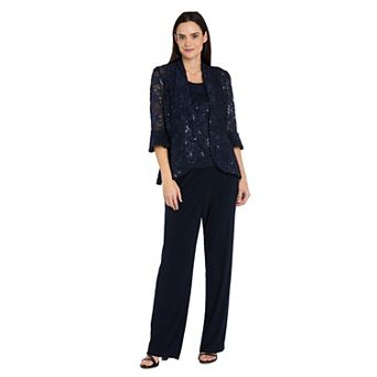 Women's R&M Richards Sequin Lace Scallop Peplum Bell-Sleeve Pantsuit