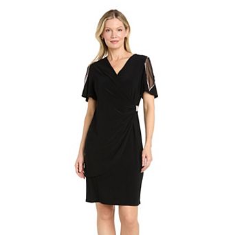 Women's R&M Richards V-Neck Wrap Rhinestone Mesh Short Sleeve Dress