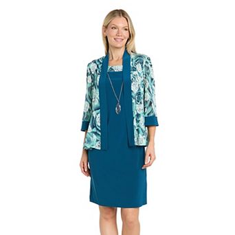 Women's R&M Richards 2 pc Floral Print Jacket & Dress Set With Necklace