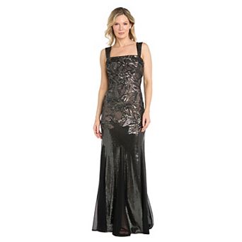 Women's R&M Richards Sequin Beaded Floral Power Mesh Gown
