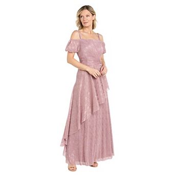 Women's R&M Richards Metallic Foil Crinkle Knit Off-the-Shoulder Gown