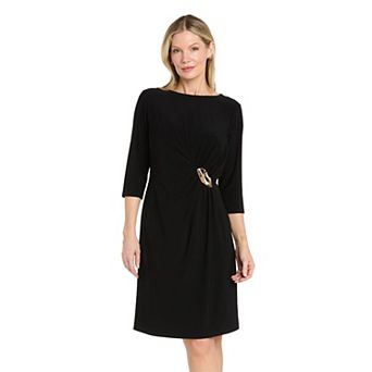 Women's R&M Richards Boatneck 3/4 Sleeve Side-Drape Metallic Ring Detail Sheath Dress
