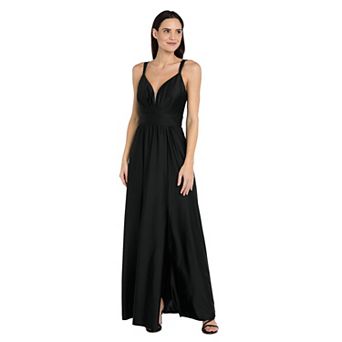 Women's R&M Richards Pleated Satin Jersey V-neck Sleeveless Slit Maxi Dress