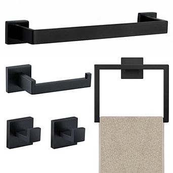 5 pc Bathroom Hardware Set, Matte Black Stainless Steel Wall-Mounted Towel Bar, Ring and Hooks