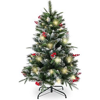 HomeRoots 4' Green And White Pre Lit Full Flocked Pine Christmas Tree With Decorations