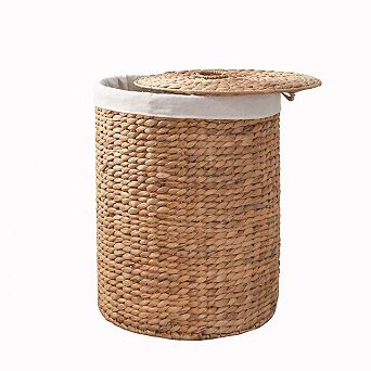Ludmilla Round Tall Water Hyacinth Laundry Hamper with Lid, 15x15x20 in Natural Brown