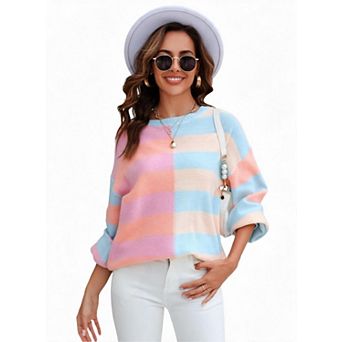 Women's Crew Neck Long Sleeve Color Block Pullover Sweater