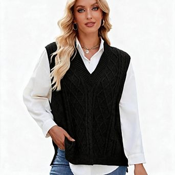 Women's V Neck Loose Sleeveless Pullover Sweater Vest