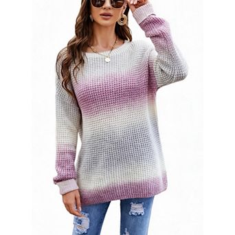 Women's Ombre Crew Neck Long Sleeve Loose Pullover Sweater