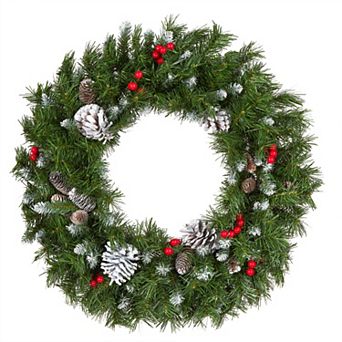 24 in Frosted Berry Wreath with Pine Cones and Red Berries