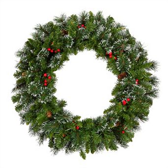 30 in Crestwood Spruce Wreath, 70 White LED Lights, Red Berries, Cones, Battery Operated