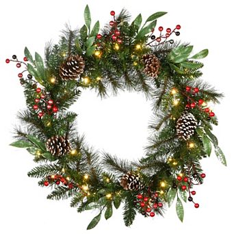 30 in Frosted Pine Berry Wreath LED Lights
