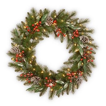 24 in Frosted Pine Berry Wreath with LED Lights