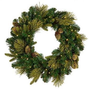 24 in Carolina Pine Wreath, 50 Warm White LED Lights, Flocked Cones, Battery Operated