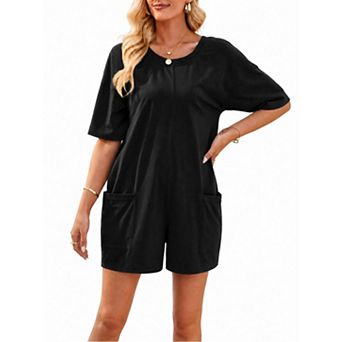 Women's Casual Short Sleeve Open Back Loose Romper with Pockets