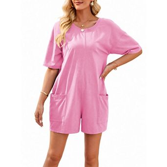 Women's Casual Short Sleeve Open Back Loose Romper with Pockets
