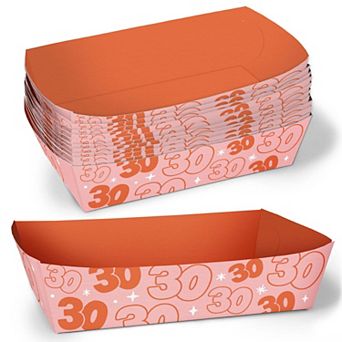 30th Birthday Paper Food Trays, Disposable Food Boats, Pink Double-Sided Meal Holders - 12 ct