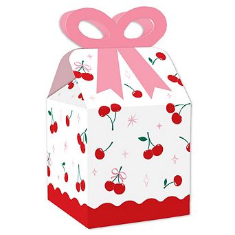 Cherry On Top Pink Bow Boxes, Girl Birthday Party Decorations, Favor Square Gift Bags - Set of 12
