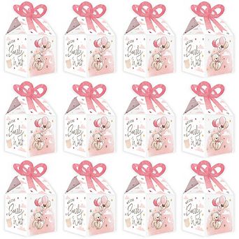 Pink We Can Bearly Wait Bow Boxes, Girl Teddy Bear Baby Shower Decor, Favor Square Gift Bags - 12 ct