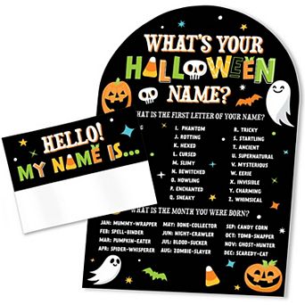 Jack-O'-Lantern Halloween What's Your Name Party Activity Game, 1 Sign and 32 Hello My Name Stickers