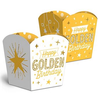Golden Birthday Treat Boxes, Small Happy Birthday Favor Holders, Disposable Paper Containers - 12 ct