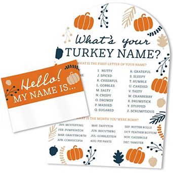Happy Thanksgiving What's Your Turkey Name Game, 1 Sign with Stand and 32 Hello My Name Tag Stickers