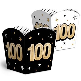 Black & Gold 100th Birthday Treat Boxes, Small Favor Holders, Disposable Paper Containers - 12 ct