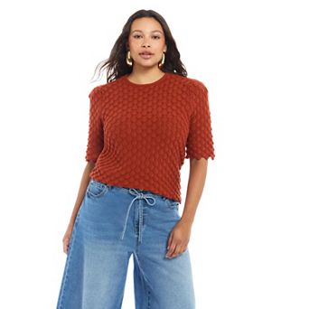 June & Vie Women's Plus Size Scallop-Trim Short Sleeve Sweater