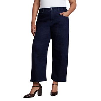 ELOQUII Women's Plus Size Striped Straight-Leg Ankle Jean
