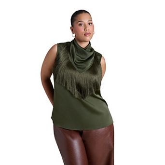 ELOQUII Women's Plus Size Satin Fringed Scarf Top
