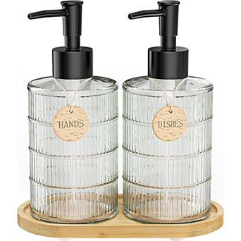 Soap Dispenser Set with Wood Tray, Dish and Hand Soap Lotion Dispenser Set with Wooden Pump