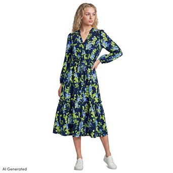 Women's Lands' End Bracelet Sleeve Button Front Midi Dress