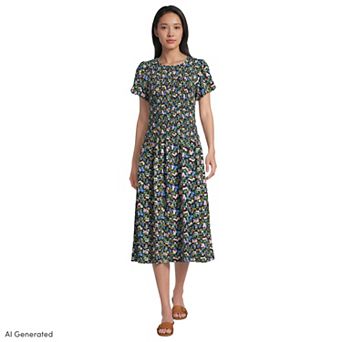 Women's Lands' End Short Sleeve Smocked Midi Dress