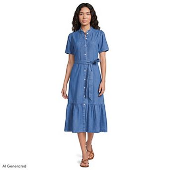 Women's Lands' End Lightweight Short Sleeve Denim Tiered Midi Dress