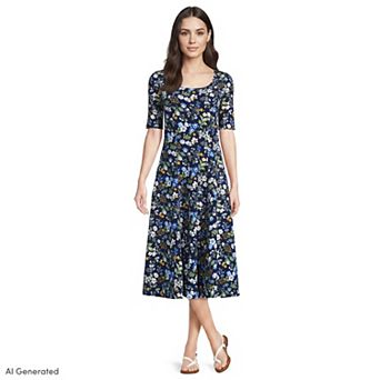 Women's Lands' End Starfish Elbow Sleeve Midi Fit & Flare Dress