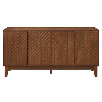 Mid Century Modern Wood TV Stand 56" with Carved Geometric Doors, Walnut