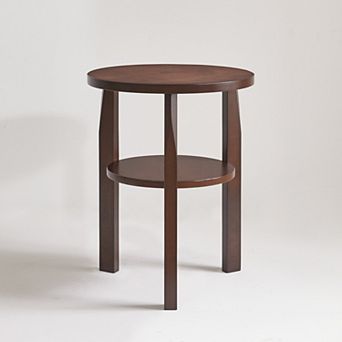 Solid Rubberwood 2 tier Round End Table with Storage Shelf, for Living Room, Bedroom,Walnut