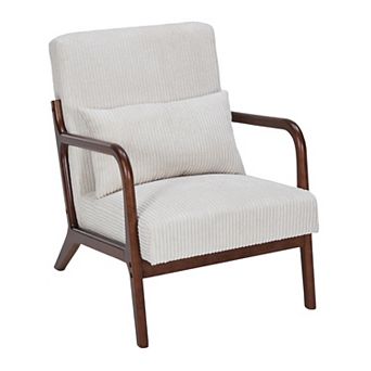 Mid‑Century Modern Accent Arm Chair with Pillow, Beige Polyester Upholstery, Solid Rubberwood Frame