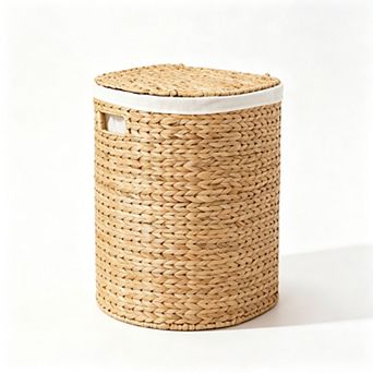 Ludmila Water Hyacinth Woven Half Oval Laundry Hamper, 16.9" x 13.8" x 20.5", Natural Brown